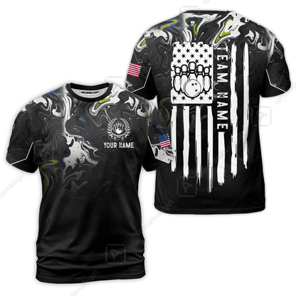 Custom Bowling Jersey Polo Shirt, Monochrome Fluid Marble Patriotic Flag, Custom Bowling Jersey Team Shirt For Players With Name and Team Name