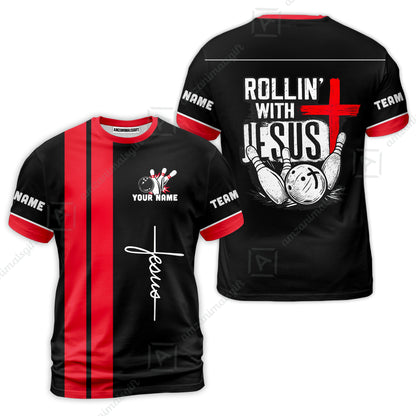 Custom Bowling Jersey Polo Shirt, Rollin With Jesus Bowling Custom Bowling Jersey Team Shirt For Players With Name & Team Name