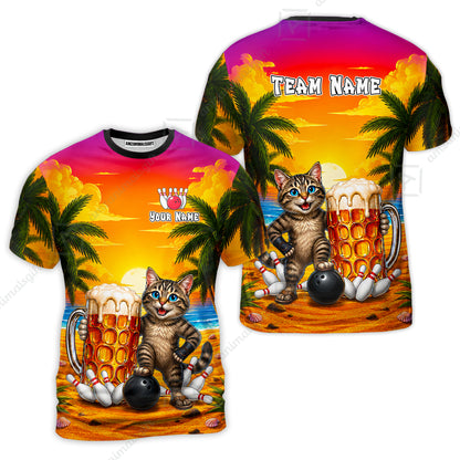 Custom Bowling Jersey Polo Shirt, Beer & Bowling Cat, Custom Bowling Jersey Team Shirt For Players With Name and Team Name