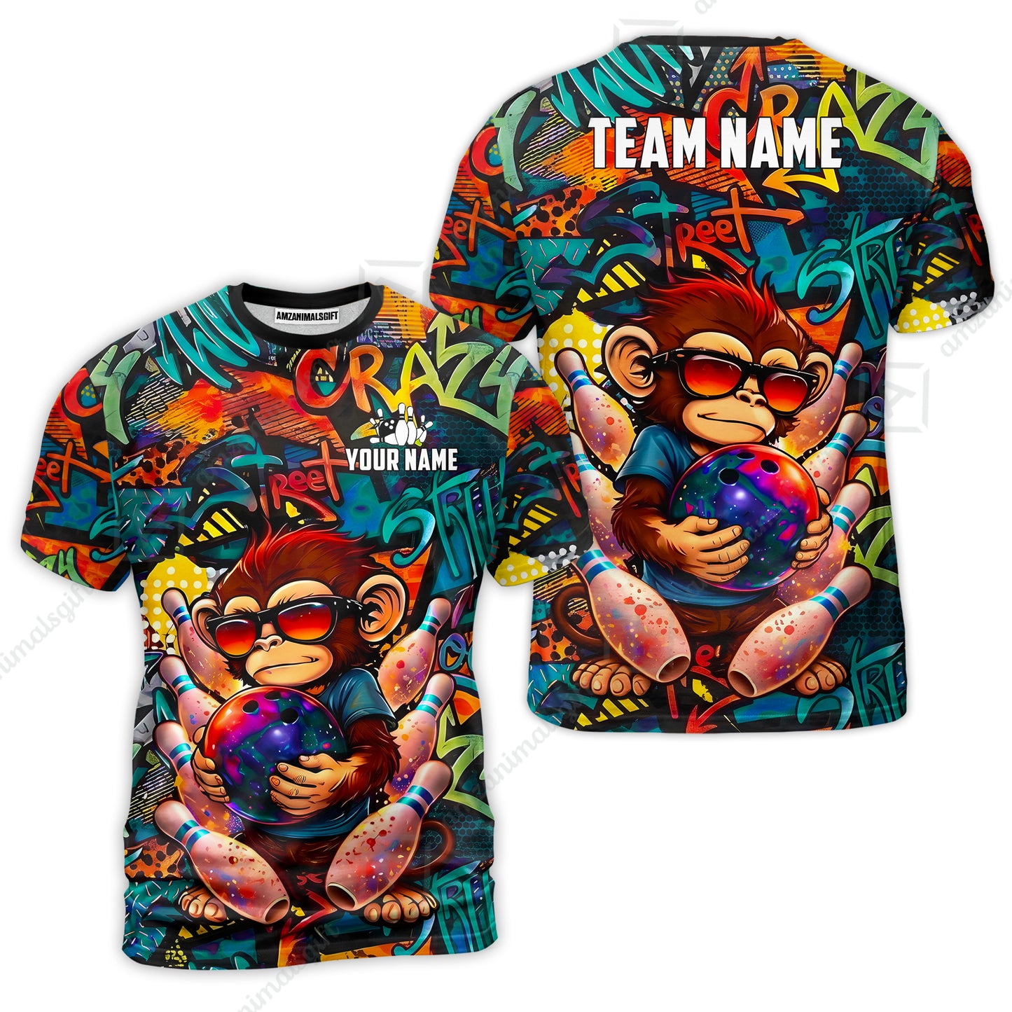 Custom Bowling Jersey Polo Shirt, Street Graffiti Funny Monkey Mascot, Custom Bowling Jersey Team Shirt For Players With Name & Team Name