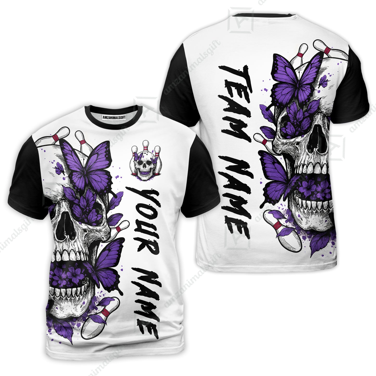 Custom Bowling Jersey Polo Shirt, Skull With Butterfly, Custom Bowling Jersey Team Shirt For Players With Name and Team Name