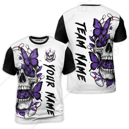 Custom Bowling Jersey Polo Shirt, Skull With Butterfly, Custom Bowling Jersey Team Shirt For Players With Name and Team Name