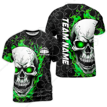 Personalized Bowling Unisex Polo Shirt, Green Flaming Skull Shirt For For Team Men Women Bowlers