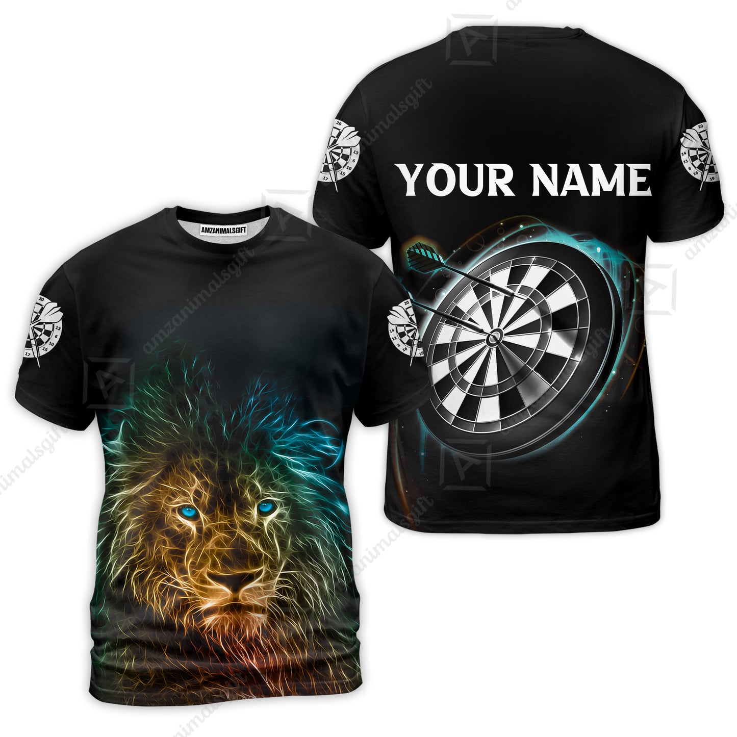 Customized Name Darts Polo Shirt, Blue Bullseye Dartboard Personalized Lion And Darts Polo Shirt