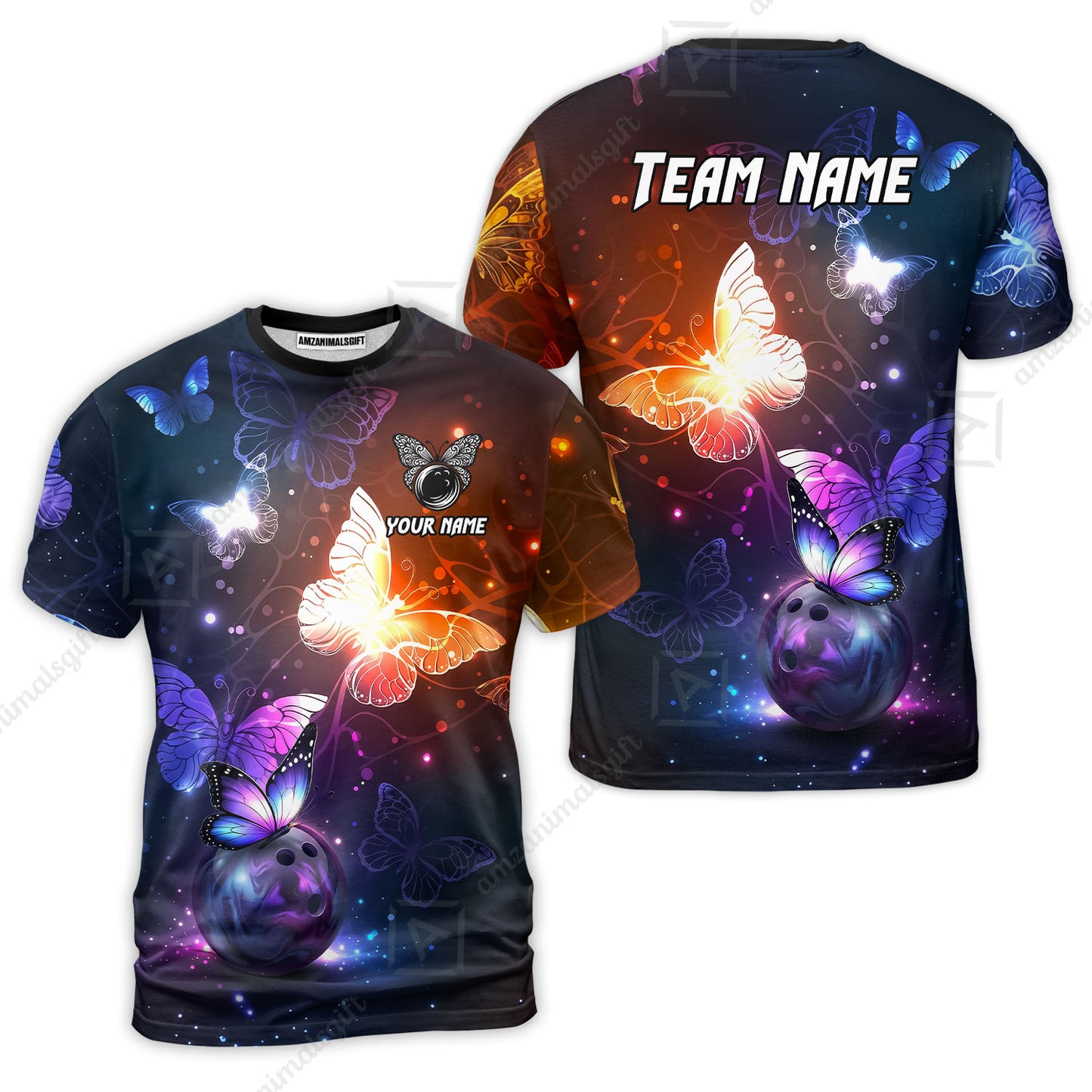 Custom Bowling Jersey Polo Shirt, Magical Glowing Butterfly Galaxy Pattern, Custom Bowling Jersey Team Shirt For Players With Name & Team Name