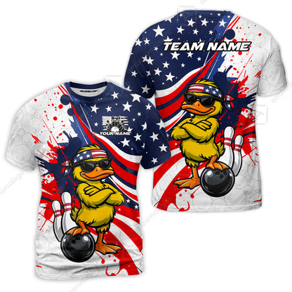 Custom Bowling Jersey Polo Shirt, Patriotic Cool Duckling Mascot, Custom Bowling Jersey Team Shirt For Players With Name and Team Name