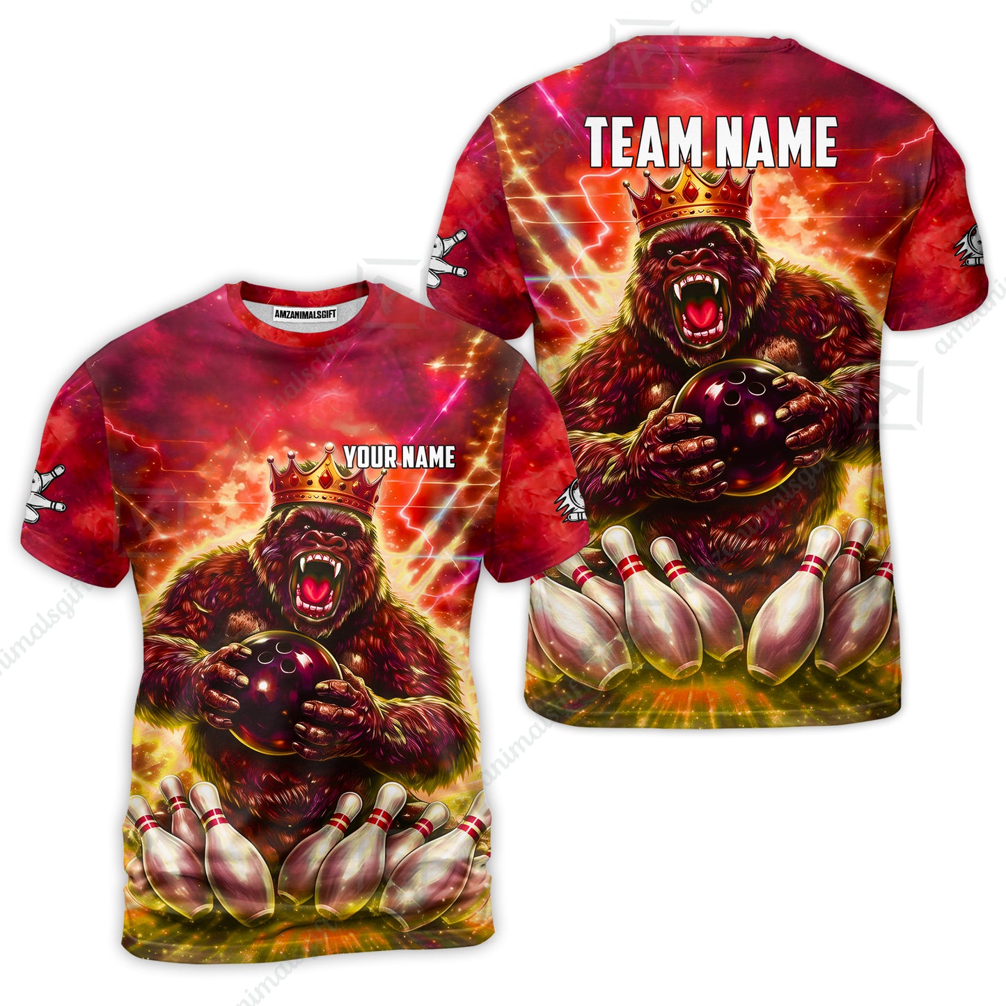 Custom Bowling Jersey Polo Shirt, King Gorilla Holding Bowling Ball, Custom Bowling Jersey Team Shirt For Players With Name & Team Name