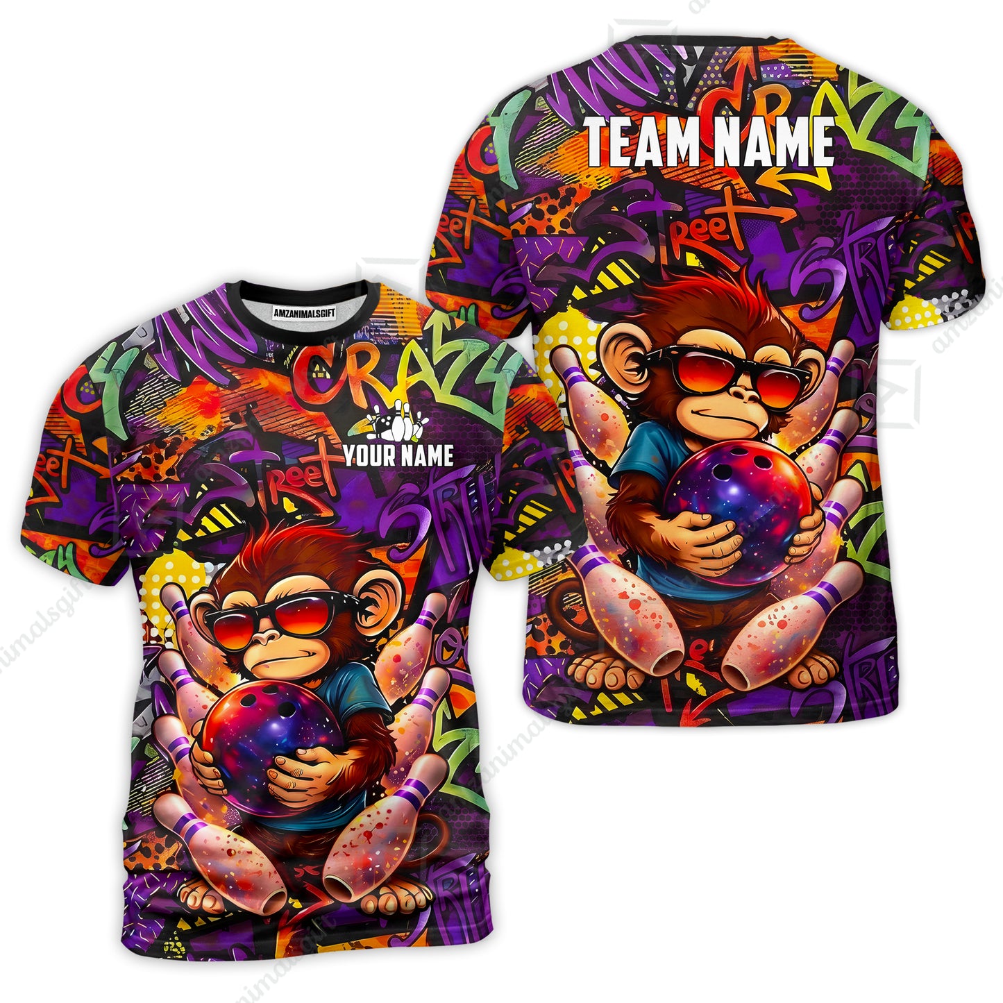 Custom Bowling Jersey Polo Shirt, Street Graffiti Funny Monkey Mascot, Custom Bowling Jersey Team Shirt For Players With Name & Team Name