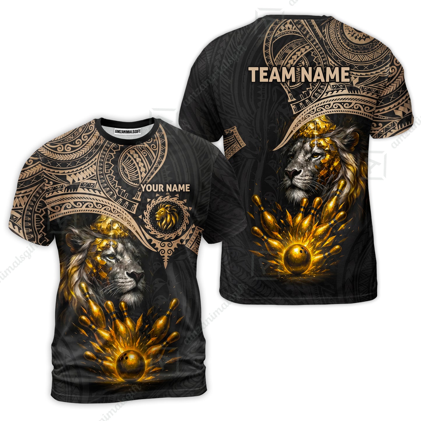 Custom Bowling Jersey Polo Shirt, Regal Golden Tribal Lion, Custom Bowling Jersey Team Shirt For Players With Name and Team Name