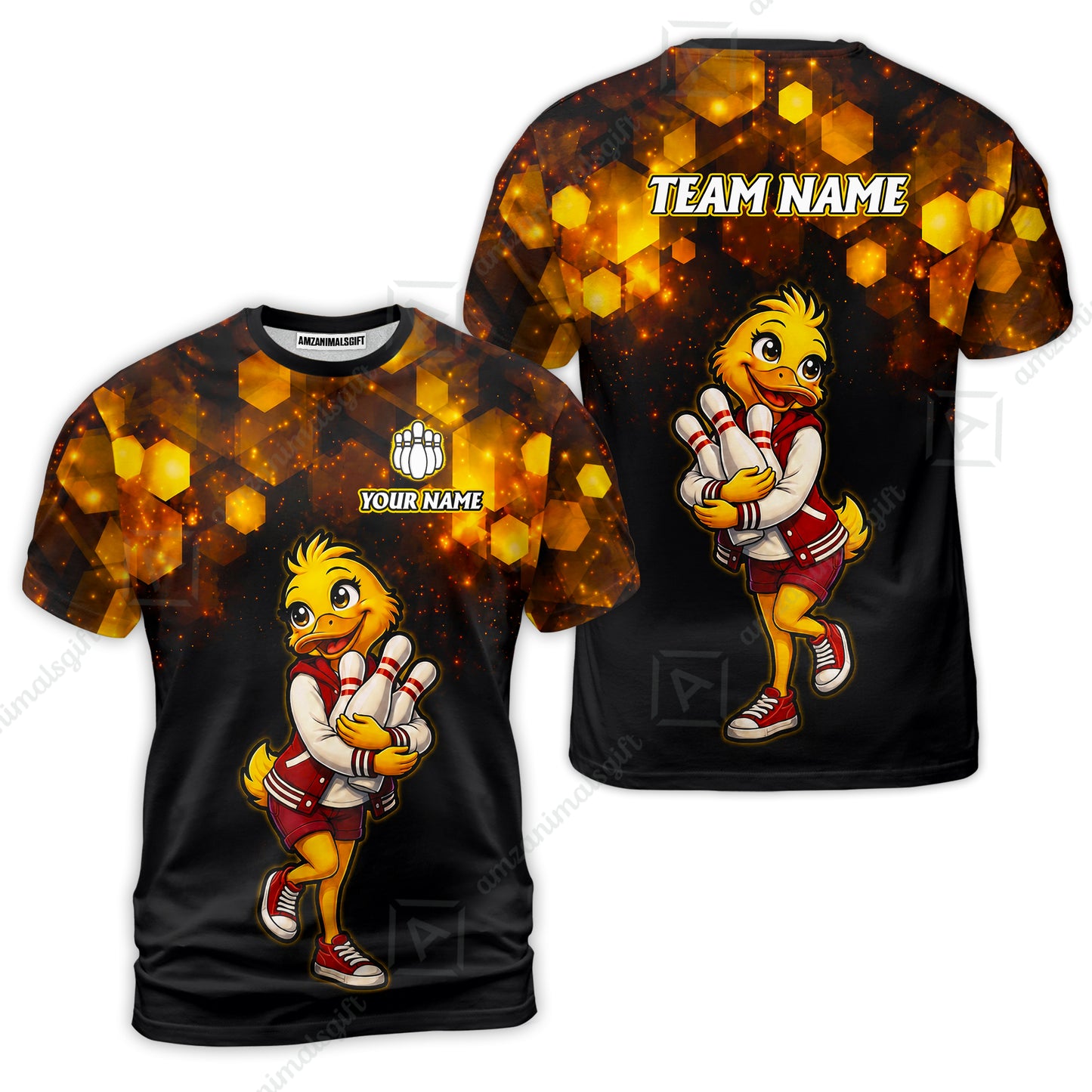 Custom Bowling Jersey Polo Shirt, Golden Glow Varsity Duckling Mascot, Custom Bowling Jersey Team Shirt For Players With Name and Team Name