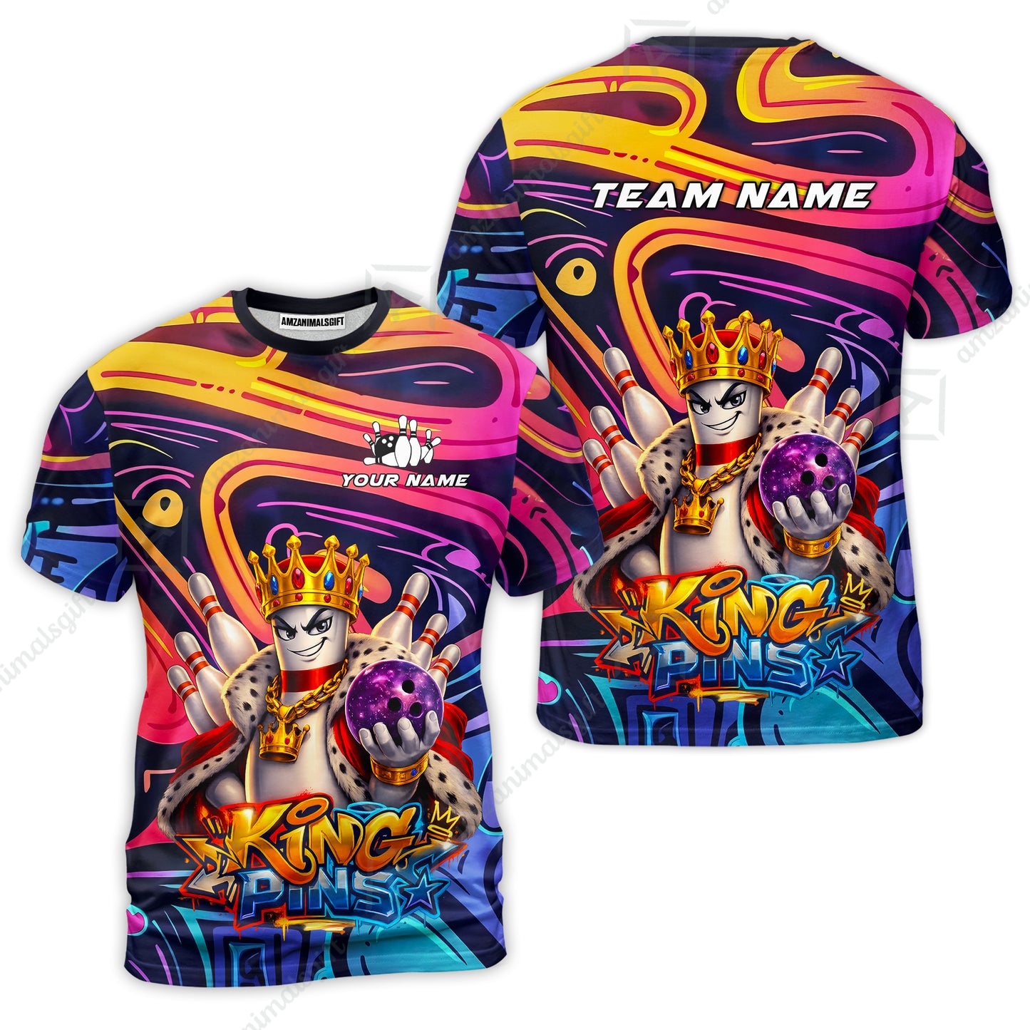 Custom Bowling Jersey Polo Shirt, Psychedelic Graffiti King Pins Mascot, Custom Bowling Jersey Team Shirt For Players With Name and Team Name