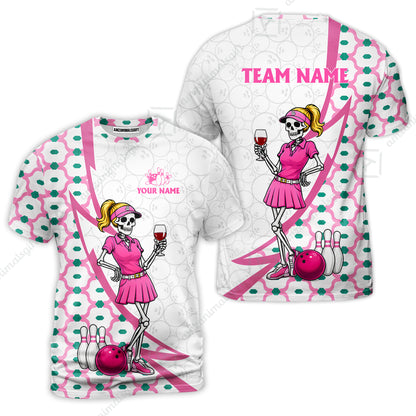 Custom Bowling Jersey Polo Shirt, Pink Skeleton Bowling, Personalize Name and Team Name