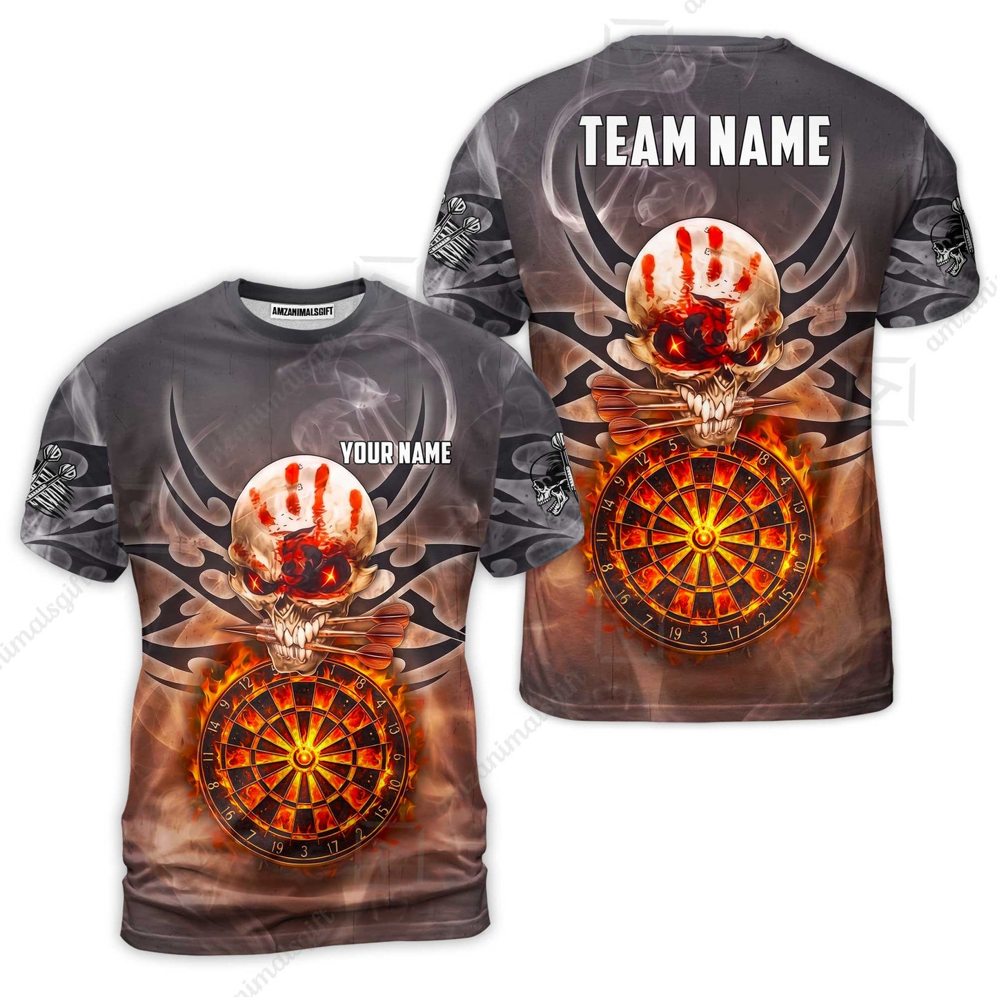 Custom Darts Jersey Polo Shirt, Glowing Fire Skull Tribal, Custom Dart Jersey Team Shirt For Players With Name & Team Name