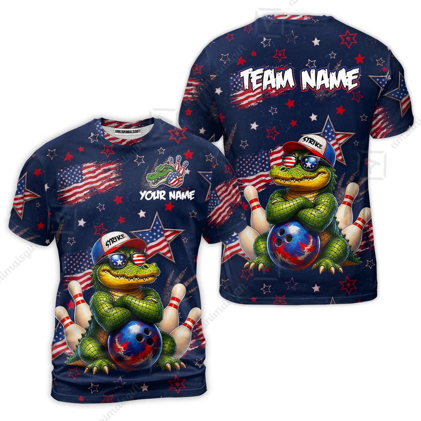 Custom Bowling Jersey Polo Shirt, Cool Patriotic Alligator Mascot, Custom Bowling Jersey Team Shirt For Players With Name and Team Name