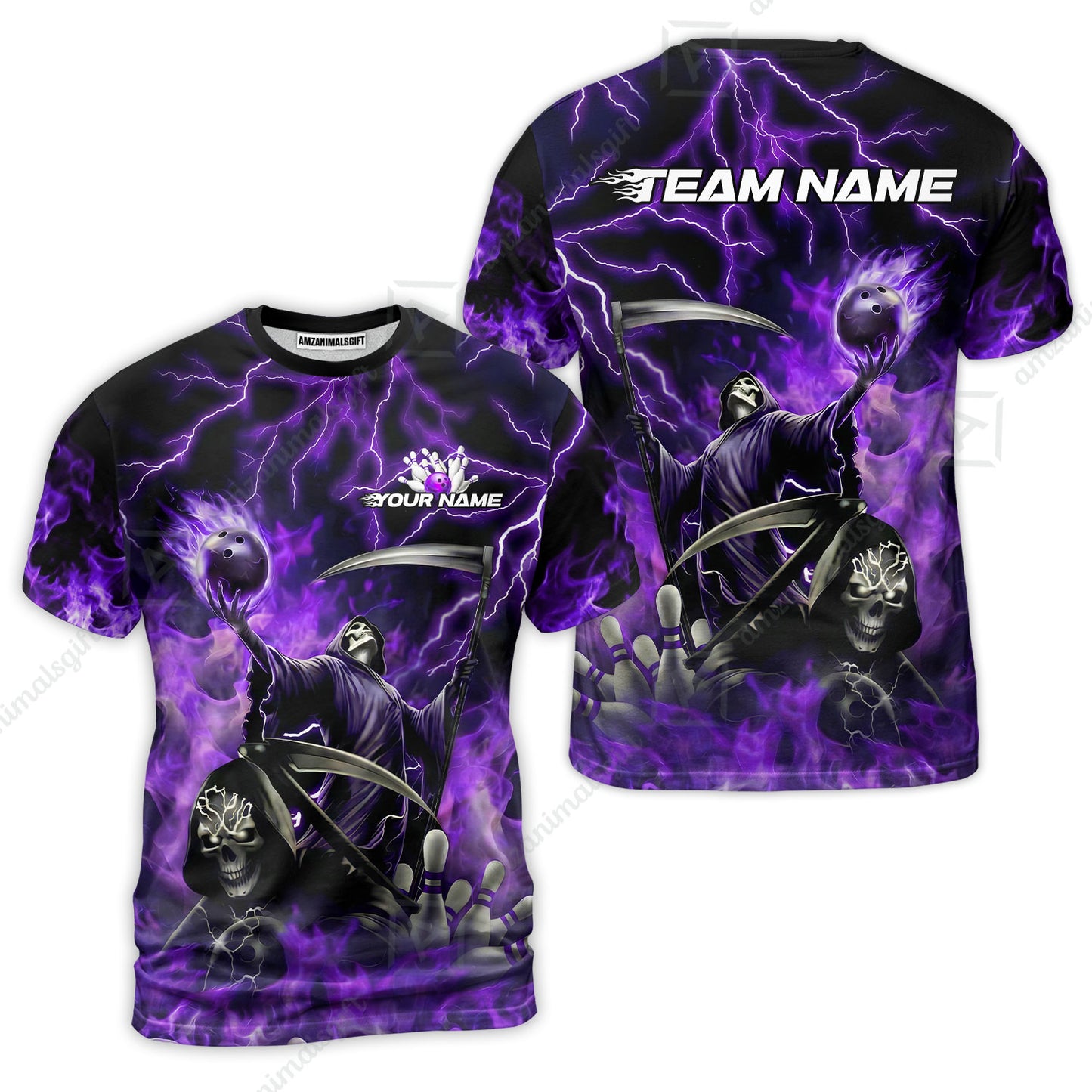 Custom Bowling Team Quarter-Zip Polo Shirt, Grim Reaper Skull With Flame Bowling Lightning Design for Bowlers, Personalized Shirt with Name and Team Name
