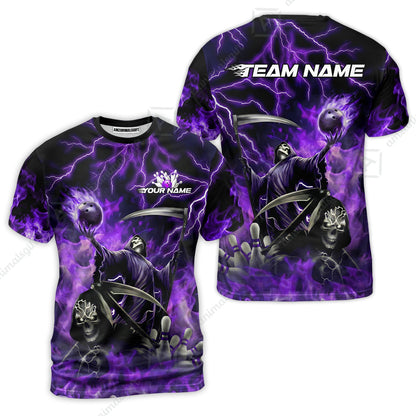 Custom Bowling Team Quarter-Zip Polo Shirt, Grim Reaper Skull With Flame Bowling Lightning Design for Bowlers, Personalized Shirt with Name and Team Name