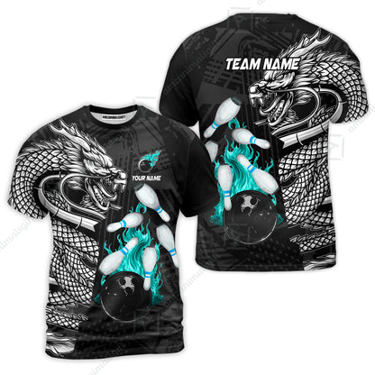 Custom Bowling Team Jerseys Polo Shirts, Bowling uniforms Bowling & Pins Dragon Flame Fire Multicolor Options Personalized Name And Team Name