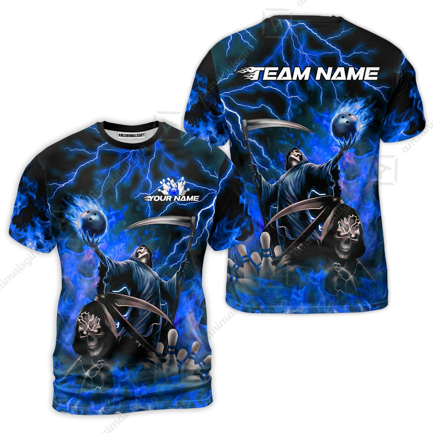 Custom Bowling Team Quarter-Zip Polo Shirt, Grim Reaper Skull With Flame Bowling Lightning Design for Bowlers, Personalized Shirt with Name and Team Name