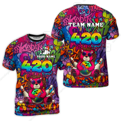 Custom Bowling Jersey Polo Shirt, 420 Graffiti Stoner Bear Colorful Street Art, Custom Bowling Jersey Team Shirt For Players With Name & Team Name