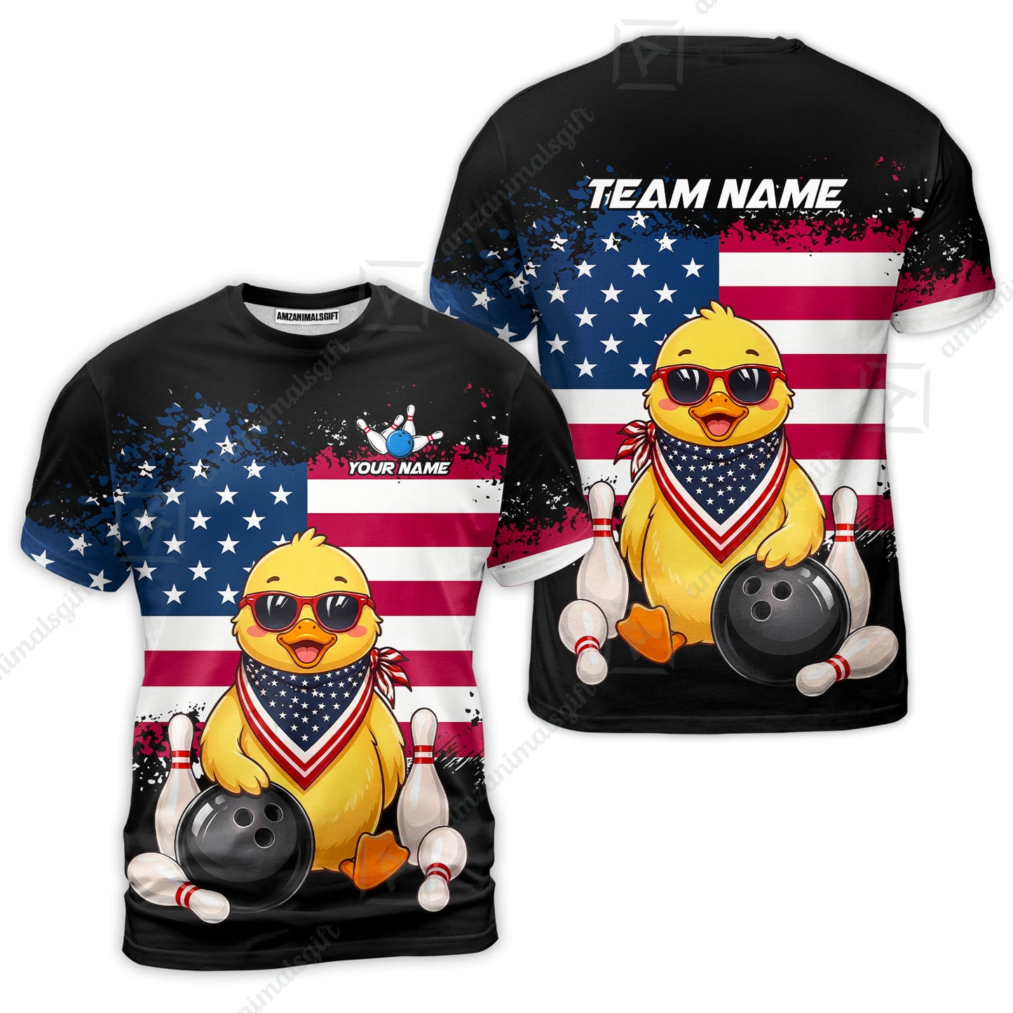 Custom Bowling Jersey Polo Shirt, Animal With Glasses And Bandana America Flag, Personalize Name & Team Name