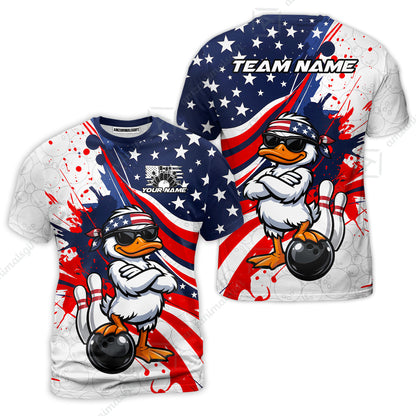 Custom Bowling Jersey Polo Shirt, Patriotic Cool Duckling Mascot, Custom Bowling Jersey Team Shirt For Players With Name and Team Name