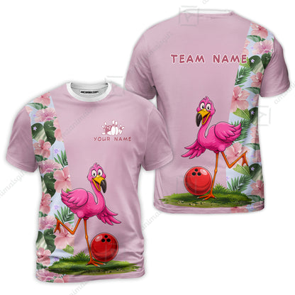 Custom Bowling Jersey Polo Shirt, Tropical Pink Flamingo Floral, Custom Bowling Jersey Team Shirt For Players With Name and Team Name