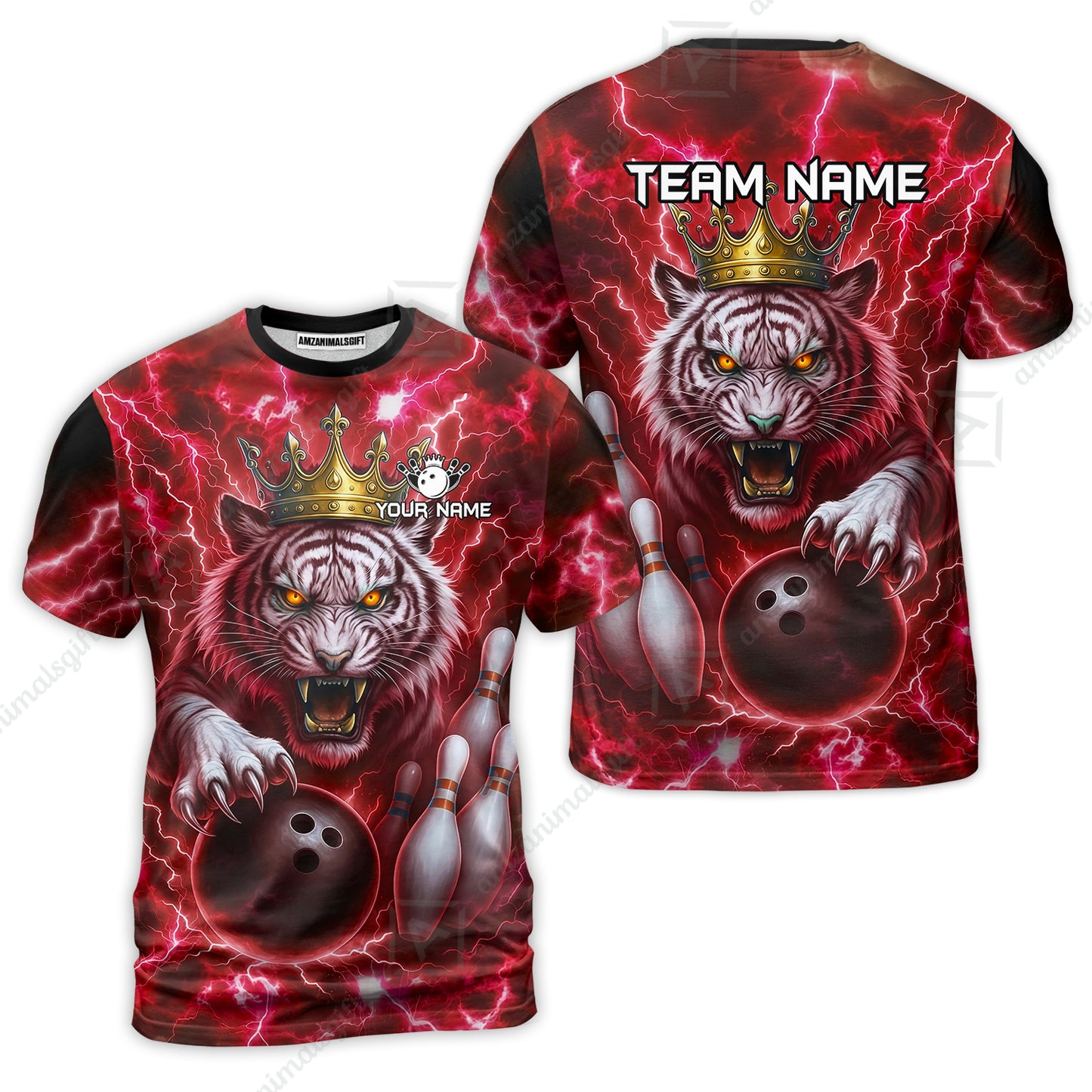 Custom Bowling Team Quarter-Zip Polo Shirt, Bowling White Tiger Lighting Shirt, Personalized Team Shirt with Custom Name