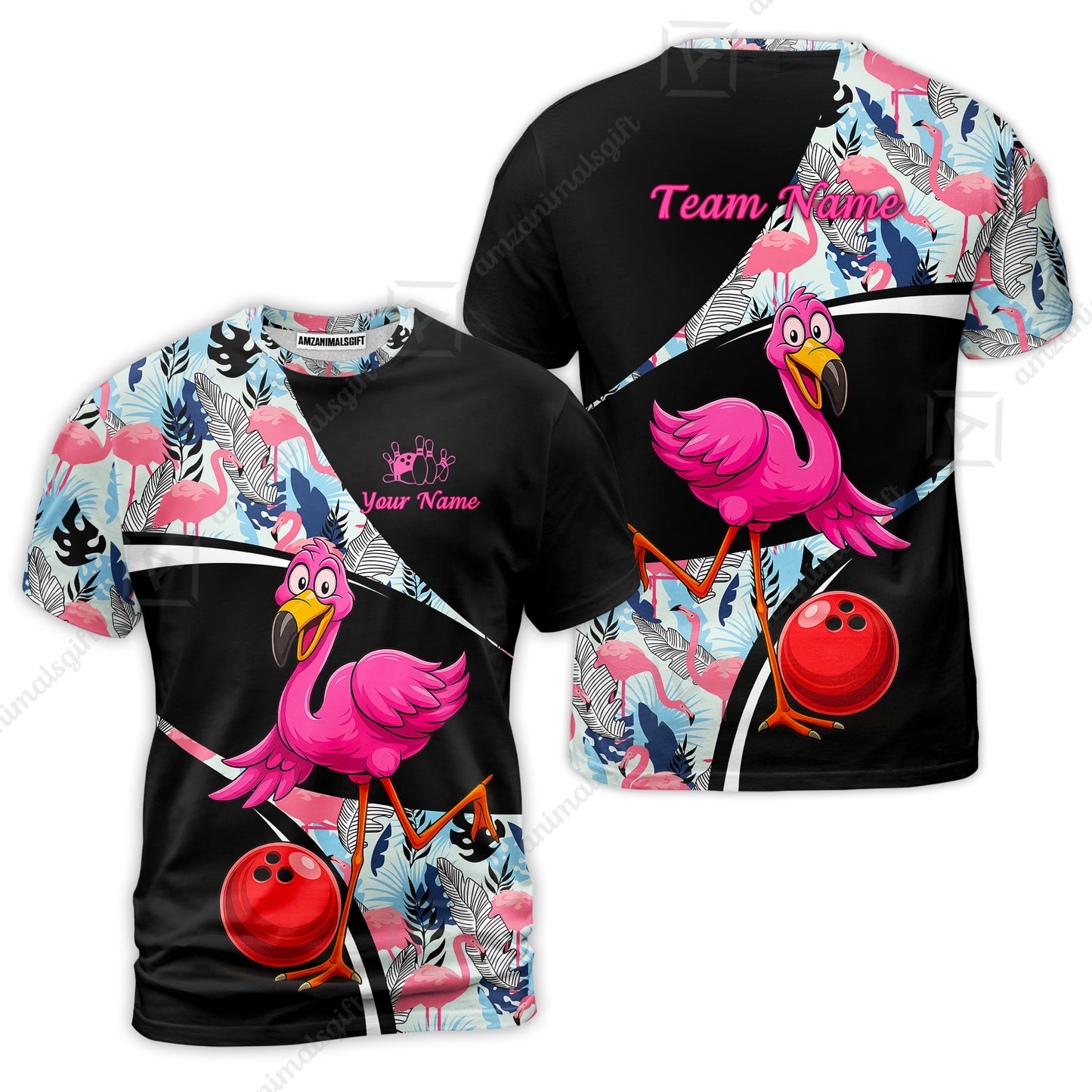 Custom Funny Cartoon Flamingo Bowling Jersey Polo Shirt, Custom Funny Cartoon Flamingo Bowling Jersey Team Shirt For Players With Name & Team Name