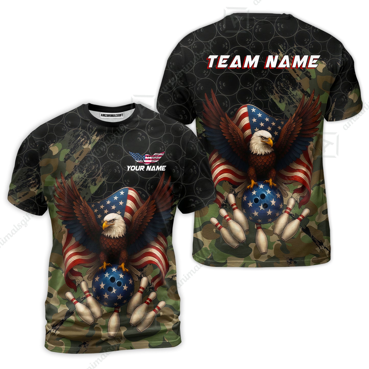 Custom Bowling Jersey Polo Shirt, Forest Camo Patriotic Bowling, Custom Bowling Jersey Team Shirt For Players With Name & Team Name