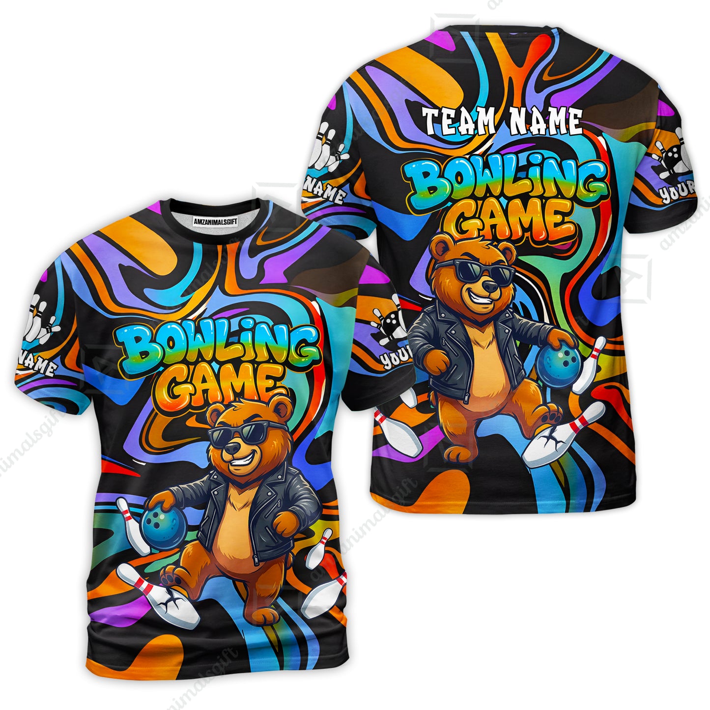 Custom Bowling Jersey Polo Shirt, Trippy Swirl Rocker Bear Graffiti Style, Custom Bowling Jersey Team Shirt For Players With Name & Team Name