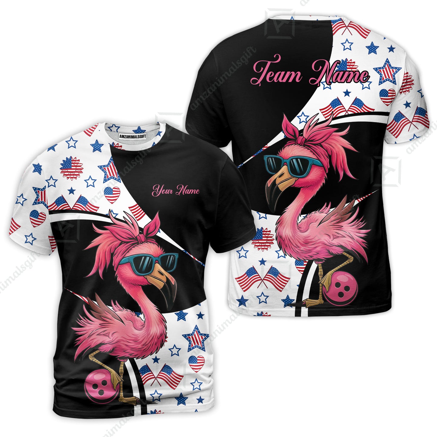 Custom Flamingo America Flag Bowling Jersey Polo Shirt, Custom Flamingo America Flag Bowling Jersey Team Shirt For Players With Name & Team Name