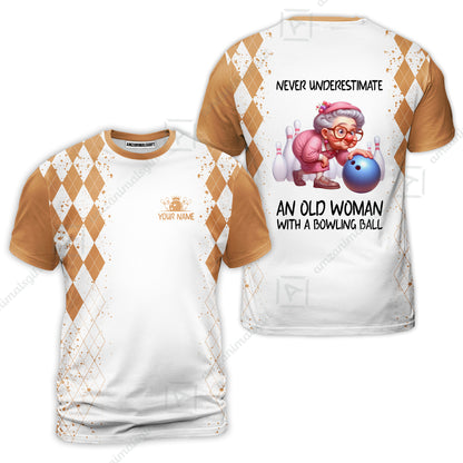 Custom Bowling Jersey Polo Shirt, Never Underestimate An Old Woman With A Bowling Ball, Personalized Name & Team Name