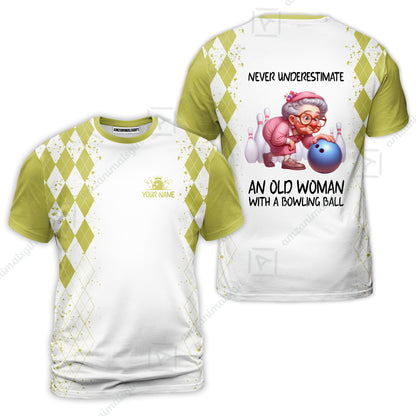 Custom Bowling Jersey Polo Shirt, Never Underestimate An Old Woman With A Bowling Ball, Personalized Name & Team Name