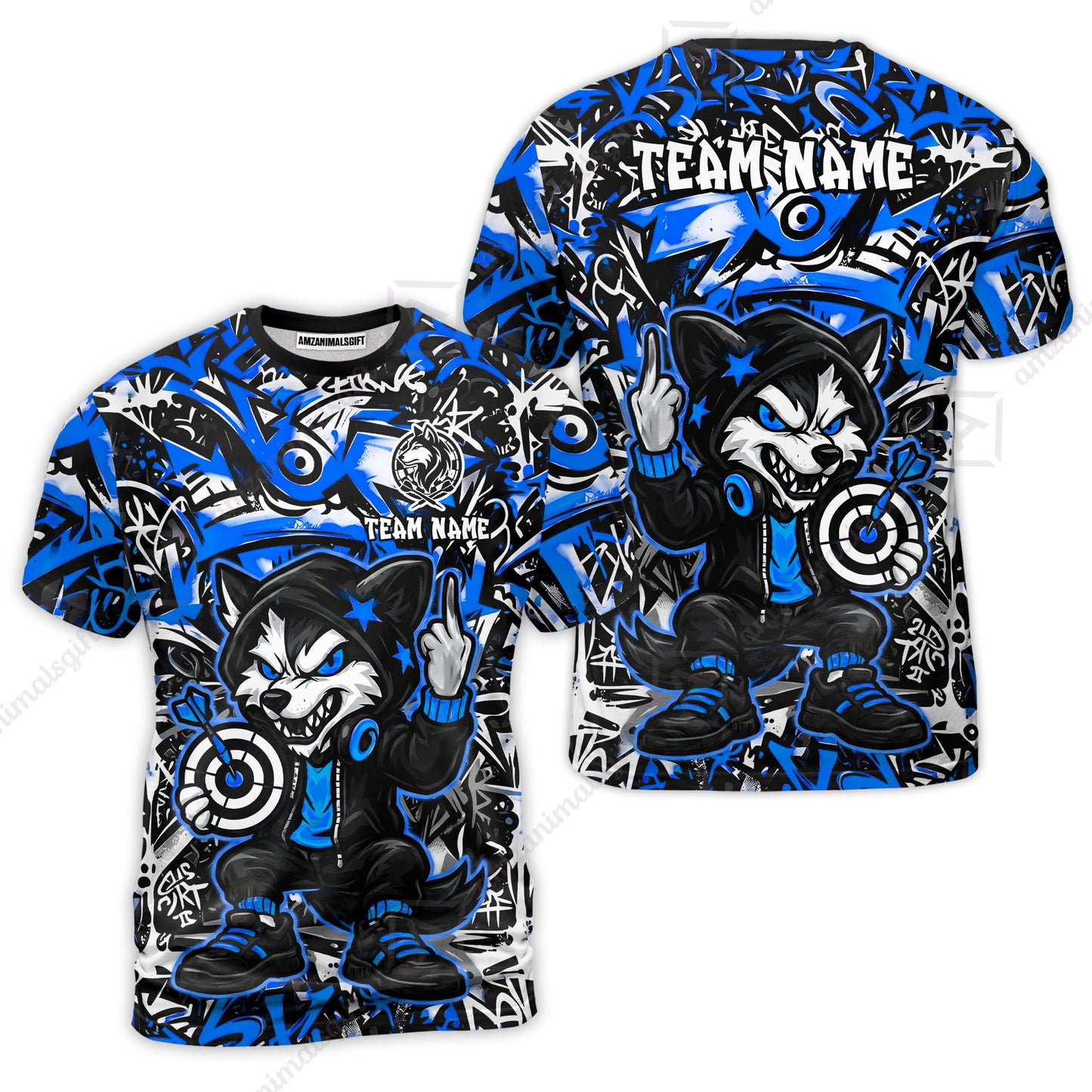 Customized Darts Team Uniform Shirt, Cool Cartoon Wolf With Dartboard, Personalized Name And Team Name