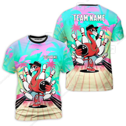 Custom Bowling Jersey Polo Shirt, Sunset Lanes Flamingo, Custom Bowling Jersey Team Shirt For Players With Name and Team Name
