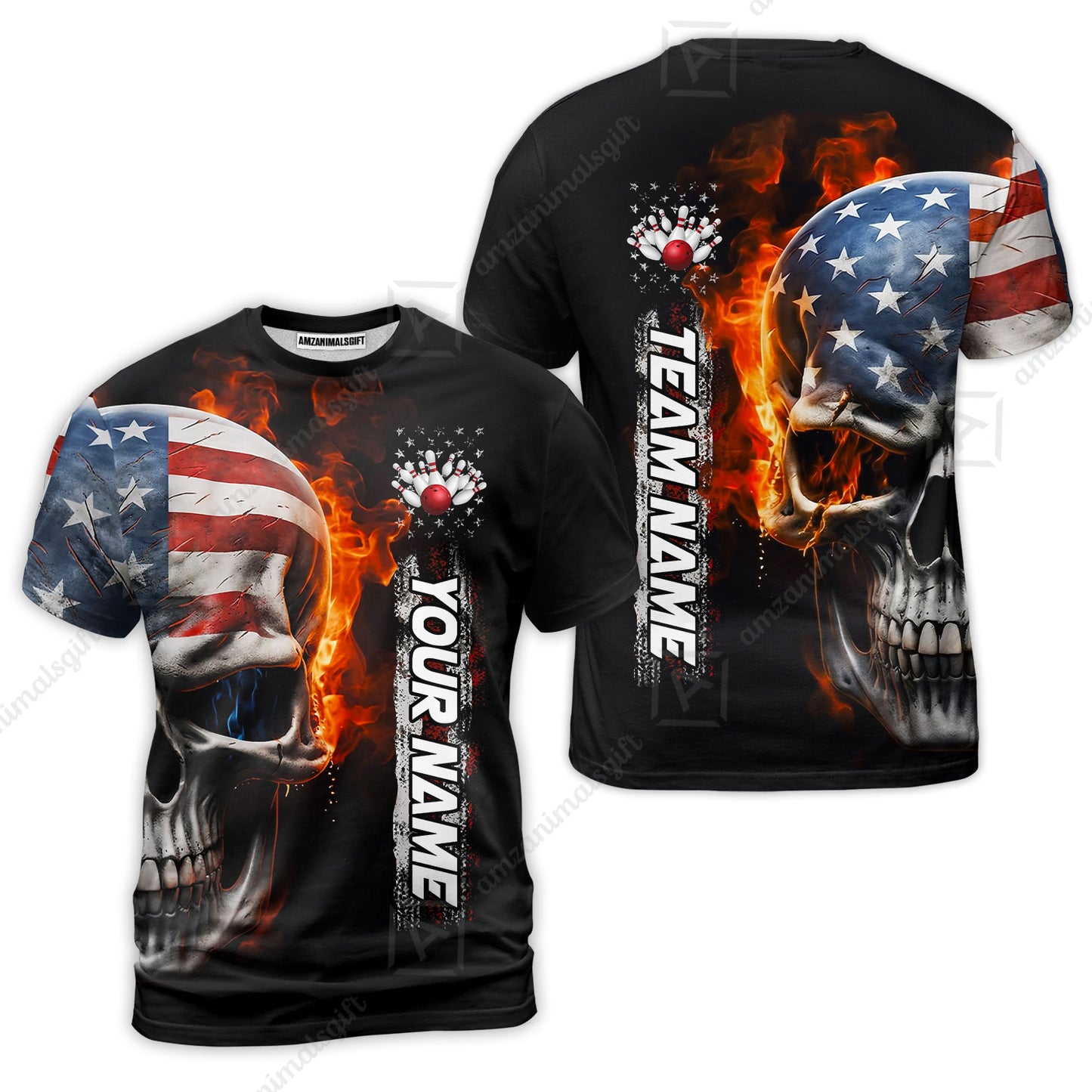 Custom Flaming USA Flag Bowling Jersey Polo Shirt, Custom Flaming USA Flag Bowling Jersey Team Shirt For Players With Name & Team Name