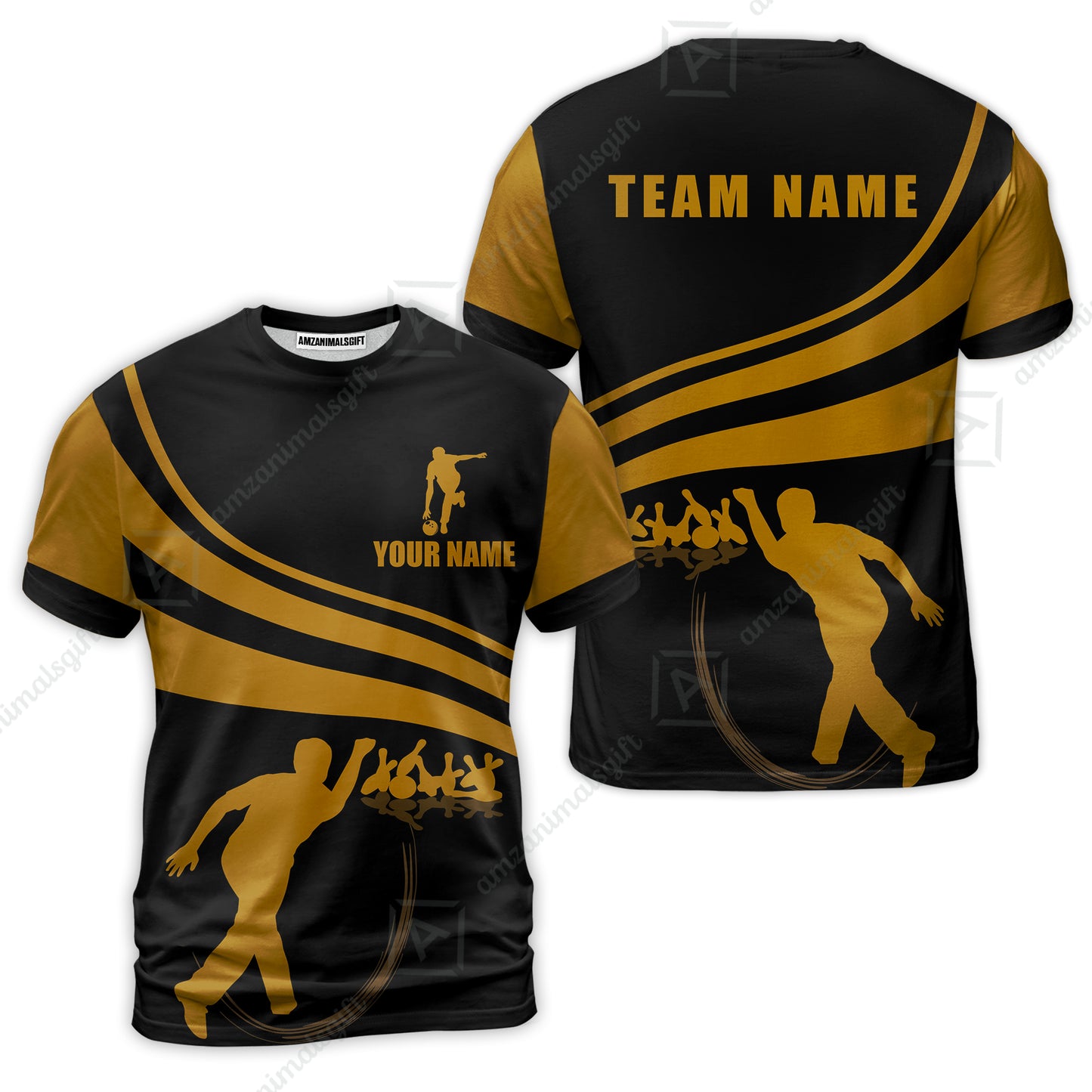 Bowling Custom Name T-Shirt - Black and Gold Men Bowlers Personalized T-Shirt