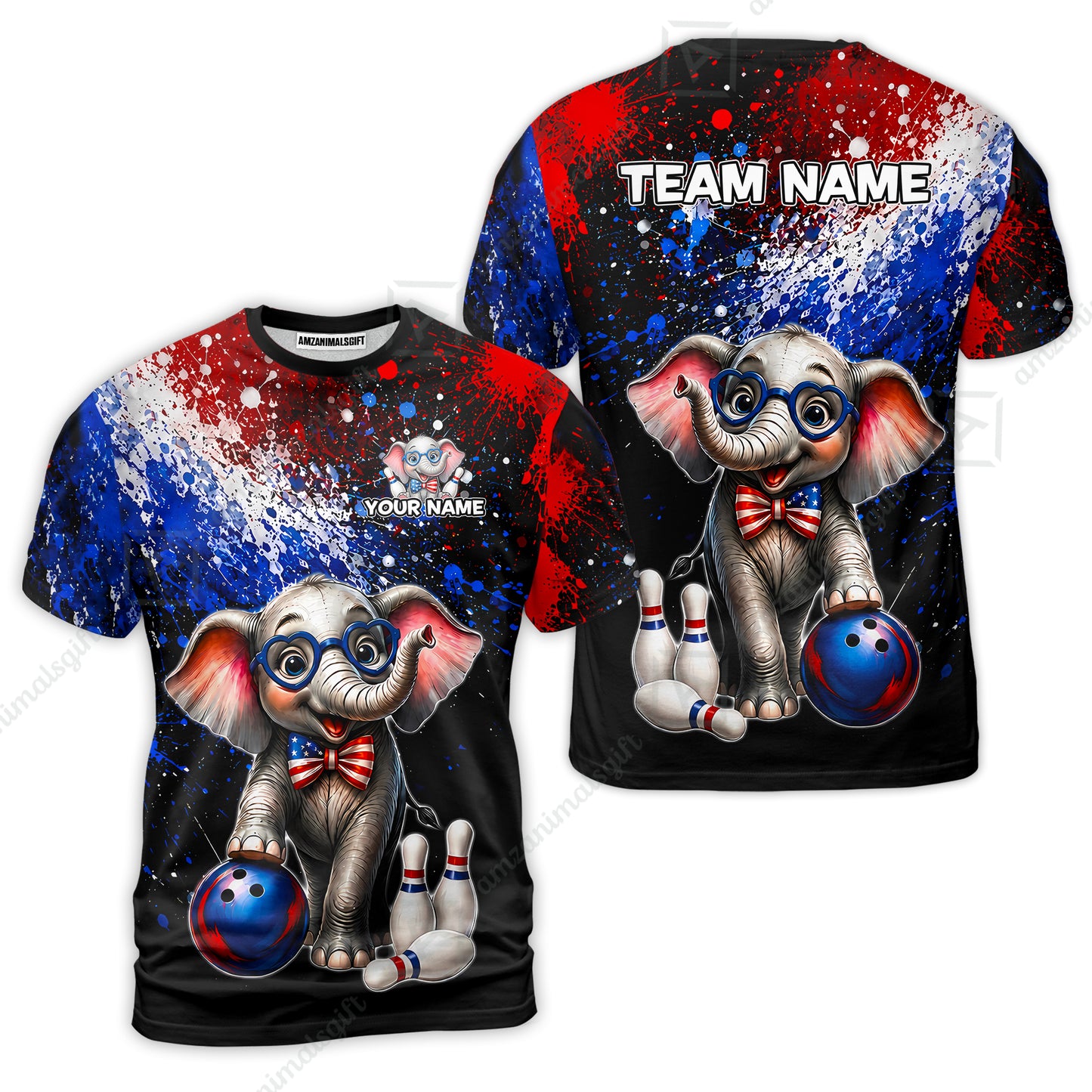 Custom Bowling Jersey Polo Shirt, Patriotic Elephant Bowling, Personalize Name and Team Name