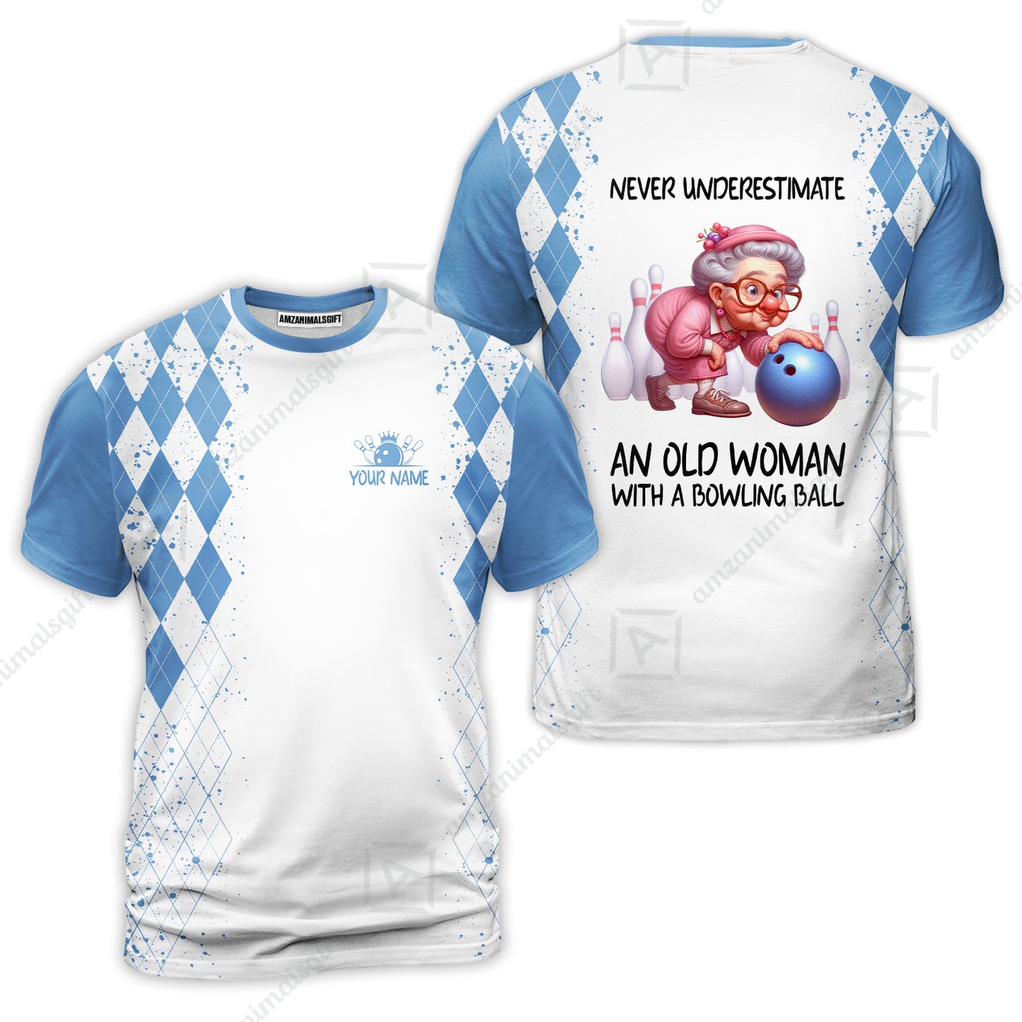 Custom Bowling Jersey Polo Shirt, Never Underestimate An Old Woman With A Bowling Ball, Personalized Name & Team Name