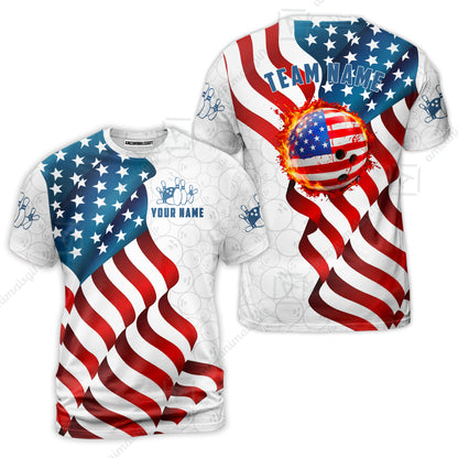 Custom Bowling Jersey Polo Shirt, Patriotic Waving USA Flag Fireball, Custom Bowling Jersey Team Shirt For Players With Name and Team Name