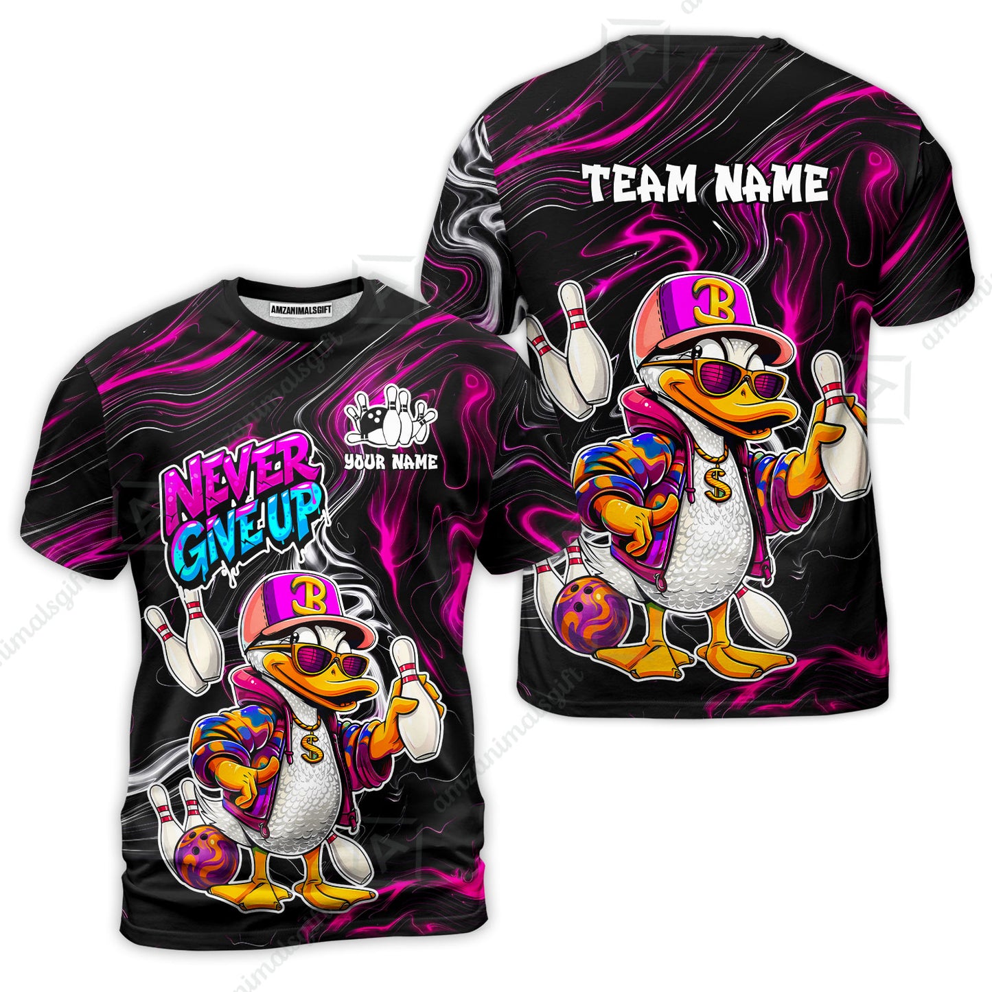 Custom Bowling Jersey Polo Shirt, Duck Never Give Up, Custom Bowling Jersey Team Shirt For Players With Name & Team Name