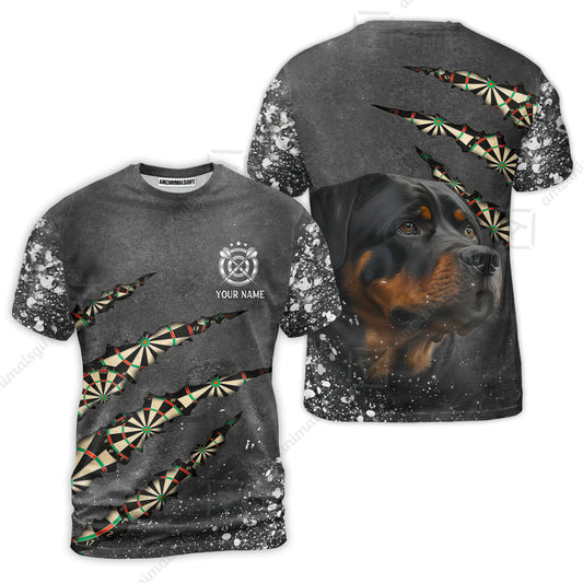 Rottweiler And Darts Custom Name T-Shirt, Darts Paint Splash Personalized T-Shirt Gift For Darts Lover, Team, Dog Lover