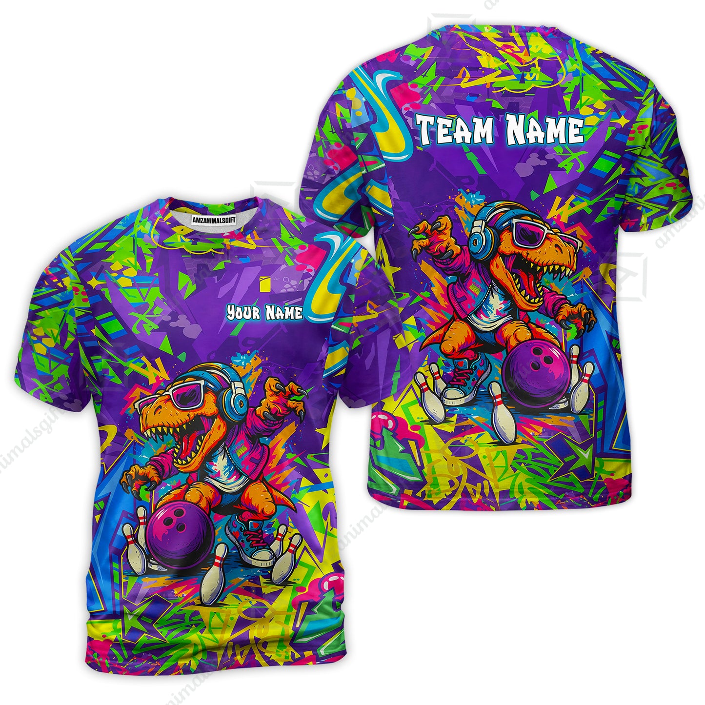 Custom Bowling Jersey Polo Shirt, Vibrant Neon Graffiti DJ T-Rex, Custom Bowling Jersey Team Shirt For Players With Name and Team Name