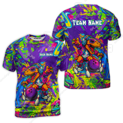Custom Bowling Jersey Polo Shirt, Vibrant Neon Graffiti DJ T-Rex, Custom Bowling Jersey Team Shirt For Players With Name and Team Name