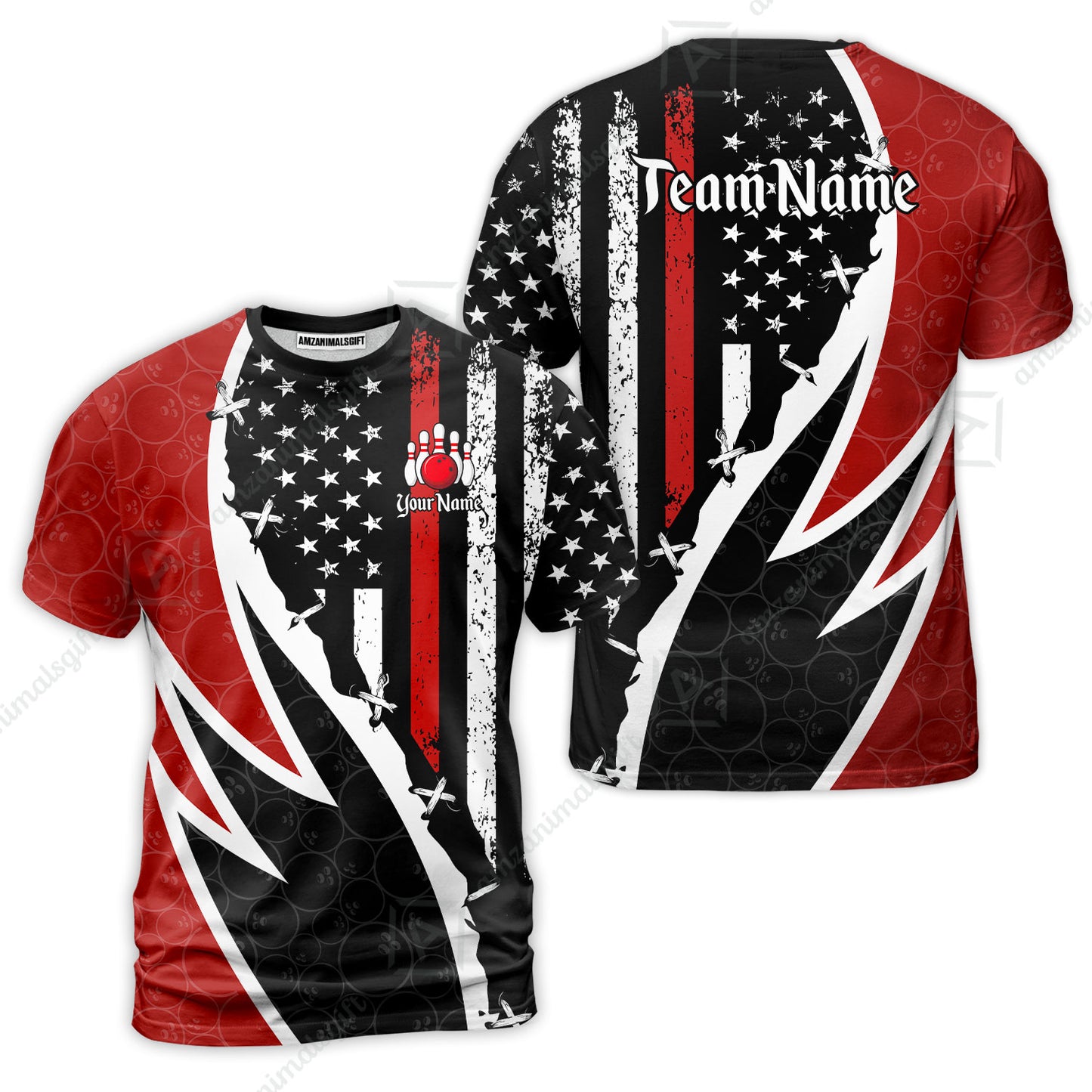 Custom Bowling Jersey Polo Shirt, Thin Red Line With Vintage Distressed American Flag, Personalize Name and Team Name