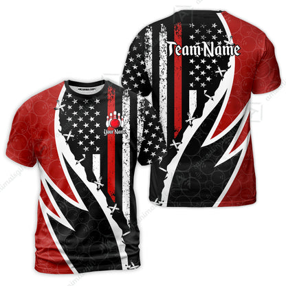 Custom Bowling Jersey Polo Shirt, Thin Red Line With Vintage Distressed American Flag, Personalize Name and Team Name