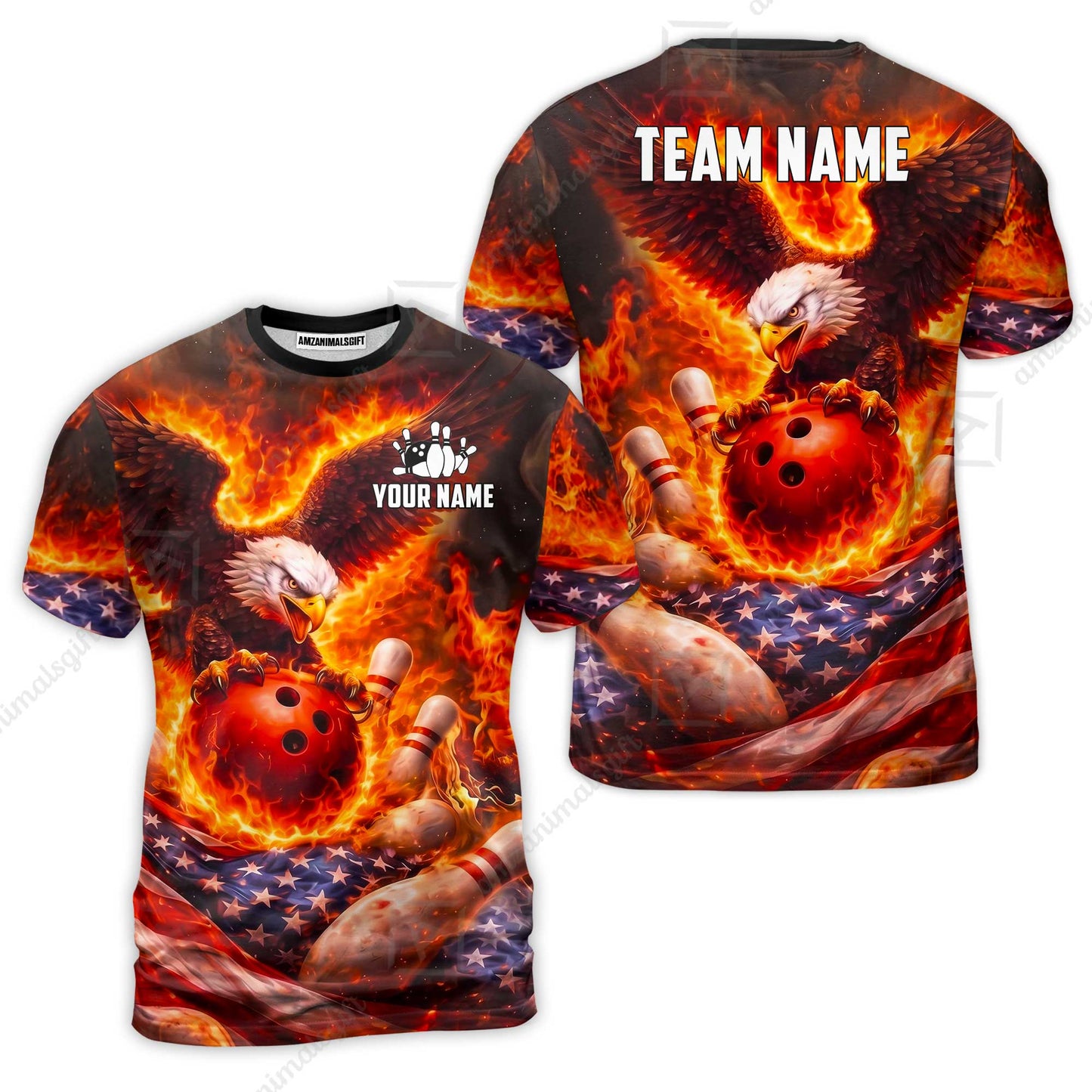 Custom Bowling Jersey Polo Shirt, Patriotic Blue Fire Eagle, Custom Bowling Jersey Team Shirt For Players With Name and Team Name