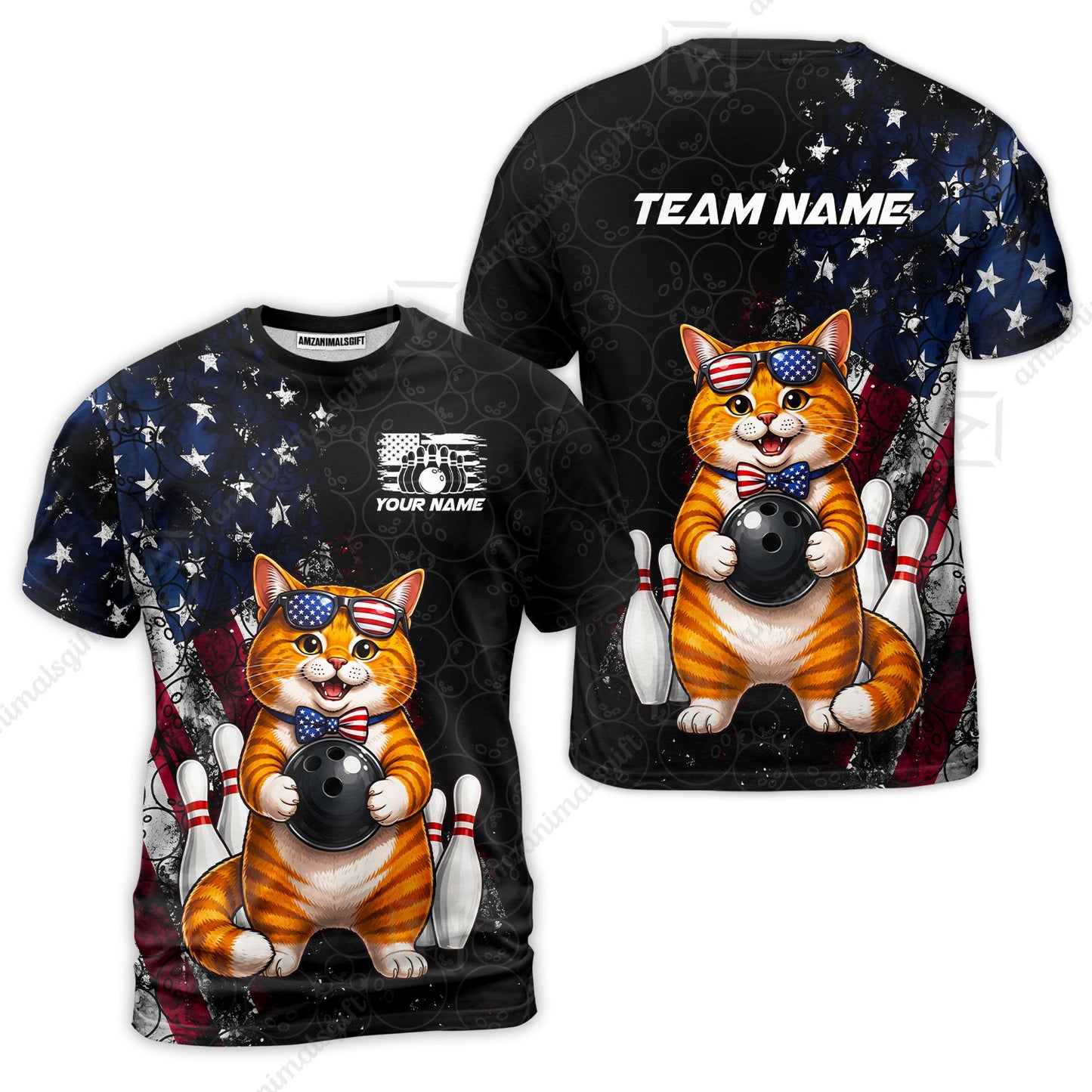 Custom Bowling Jersey Polo Shirt, Cat With Glasses And Bow Tie Bowling Pattern America Flag, Personalize Name and Team Name