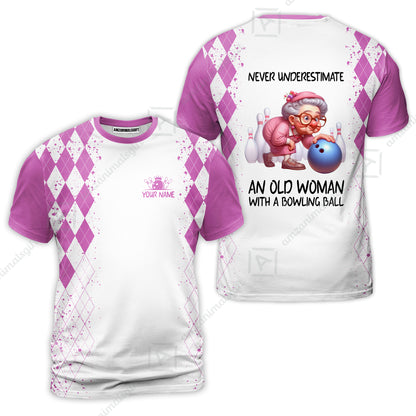 Custom Bowling Jersey Polo Shirt, Never Underestimate An Old Woman With A Bowling Ball, Personalized Name & Team Name