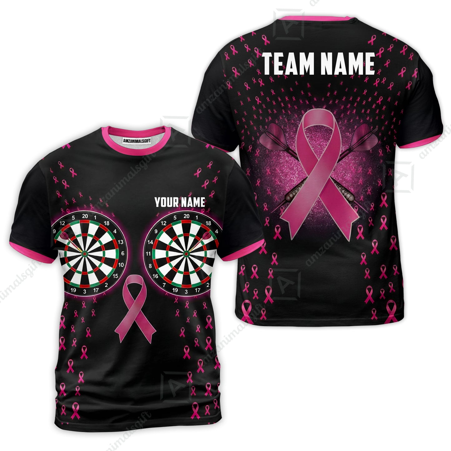 Custom Darts Team Jersey, Personalized Pink Ribbon Darts Polo Shirt For Players With Name & Team Name